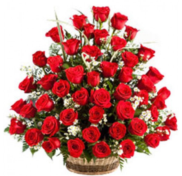 Joyful Presentation of Red Roses in a Lovely Basket